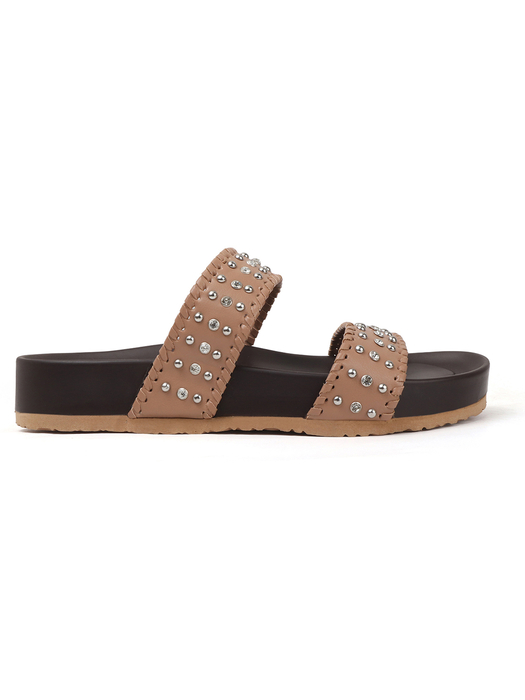 Nude Studded Platform Slides With Contrast Trim