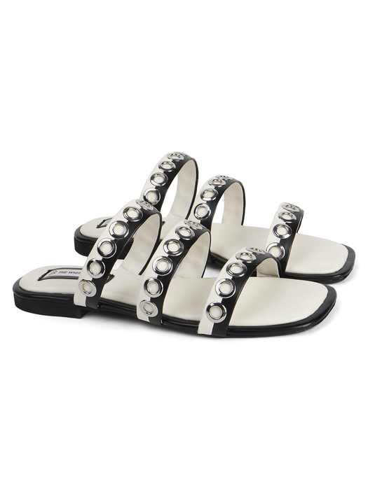 Studded Triple-Strap Slide Sandal in Black