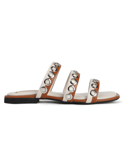 Studded Triple-Strap Slide Sandal in Brown