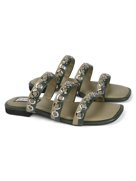 Studded Triple-Strap Slide Sandal in Olive