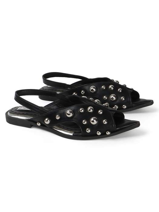 Black Slingback Peep-Toe Flats With Dome Studs Embellishments