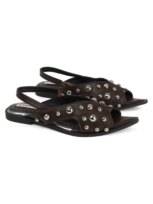 Brown Slingback Peep-Toe Flats With Dome Studs Embellishments