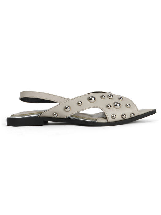 Grey Slingback Peep-Toe Flats With Dome Studs Embellishments
