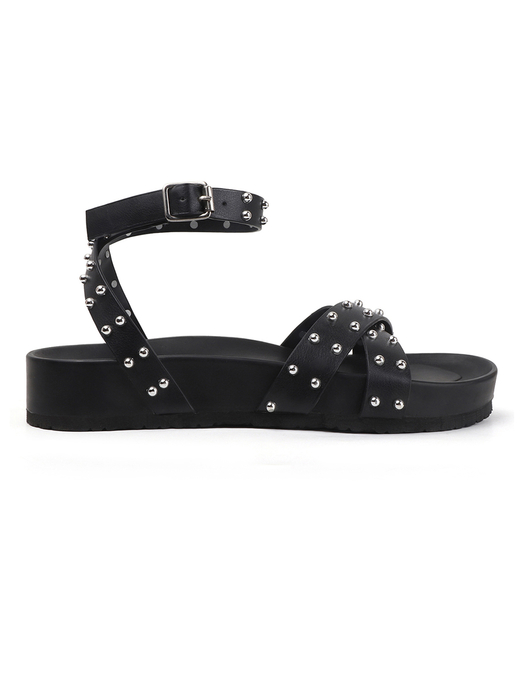 Black Open-Toe Flats With Silver Studs and Criss-Cross Ankle Strap Design