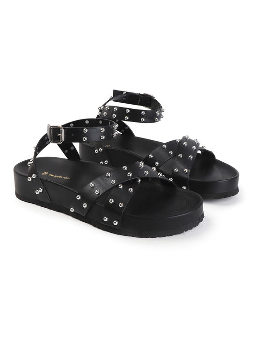 Black Open-Toe Flats With Silver Studs and Criss-Cross Ankle Strap Design