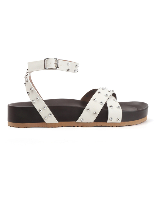 White Open-Toe Flats With Silver Studs and Criss-Cross Ankle Strap Design