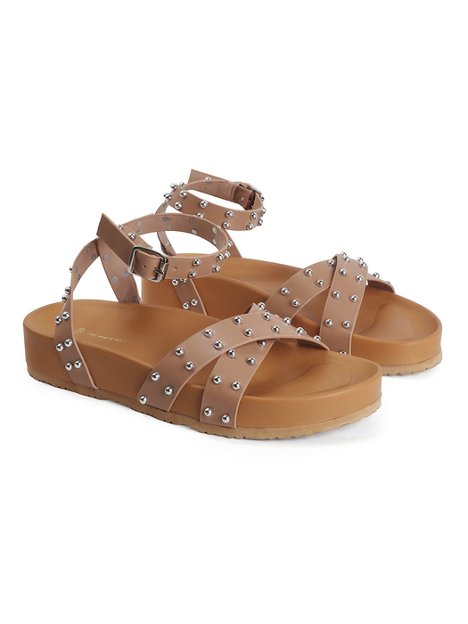 Nude Open-Toe Flats With Silver Studs and Criss-Cross Ankle Strap Design