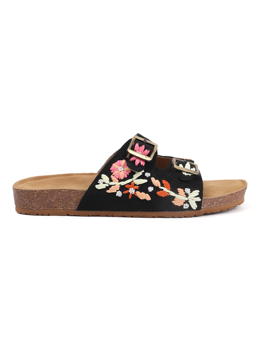 Twin Bloom Slip-Ons with Colorful Floral Embroidery in Black