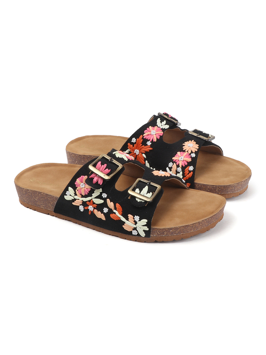 Twin Bloom Slip-Ons with Colorful Floral Embroidery in Black