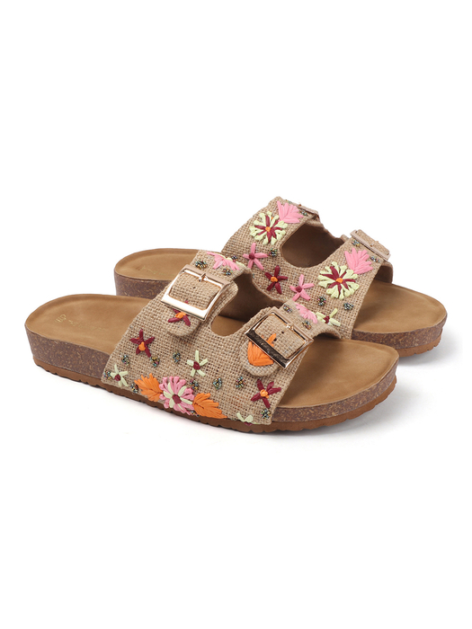 Earth Bloom Floral Jute Buckle Flats in Beige