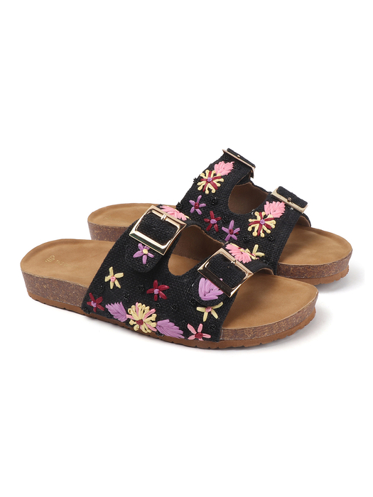 Earth Bloom Floral Jute Buckle Flats in Black