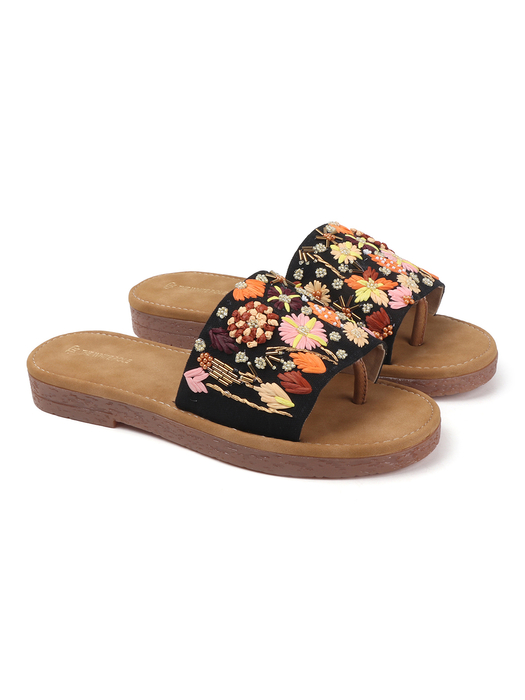 Desert Flower Slides With Ethnic Floral Detailing in Black