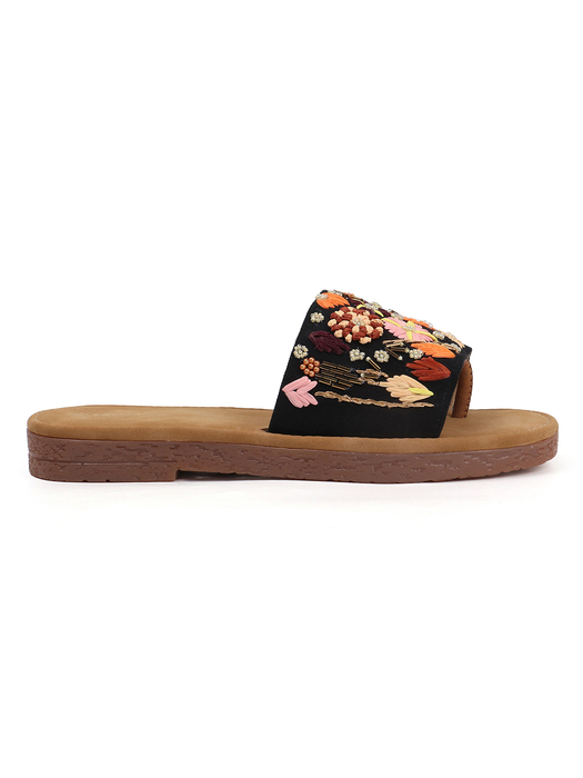 Desert Flower Slides With Ethnic Floral Detailing in Black