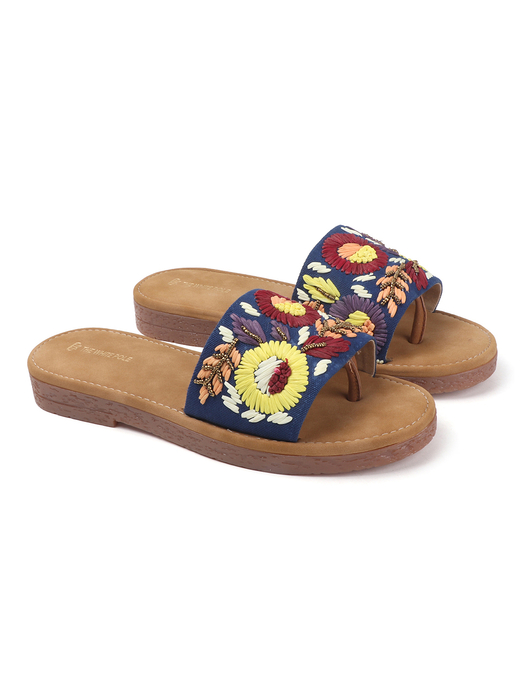 Sunflower Meadow Slides With Pastel Floral Threadwork in Blue