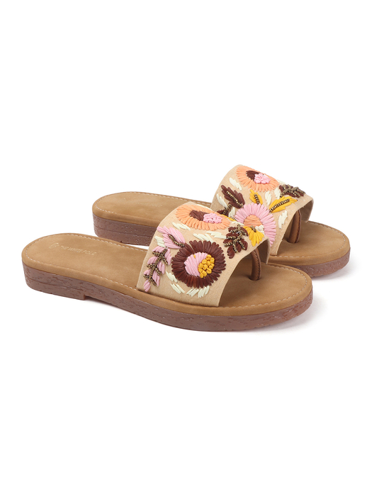 Sunflower Meadow Slides With Pastel Floral Threadwork in Cream