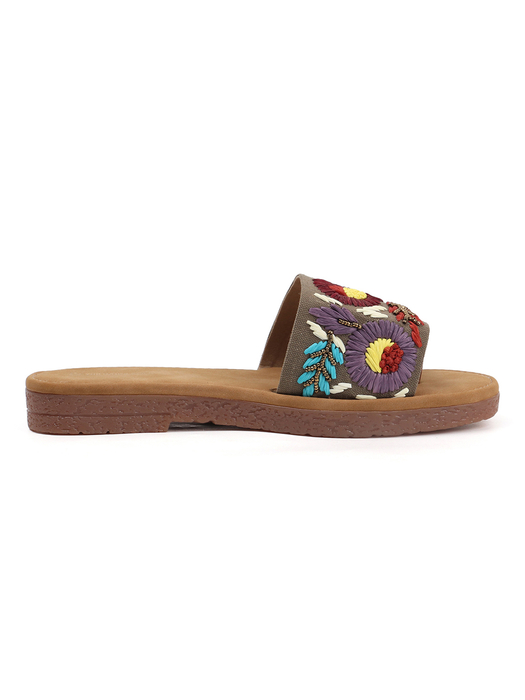 Sunflower Meadow Slides With Pastel Floral Threadwork in Brown