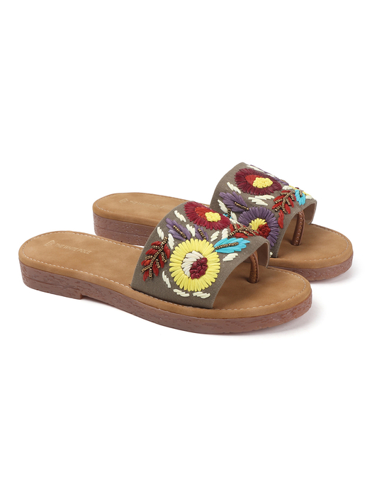 Sunflower Meadow Slides With Pastel Floral Threadwork in Brown