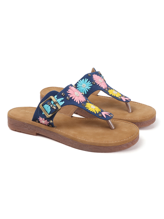 Floral Buckle Flats With Toe-Ring in Blue