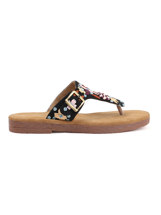 Floral Trail Buckled Toe-Ring Flats in Black
