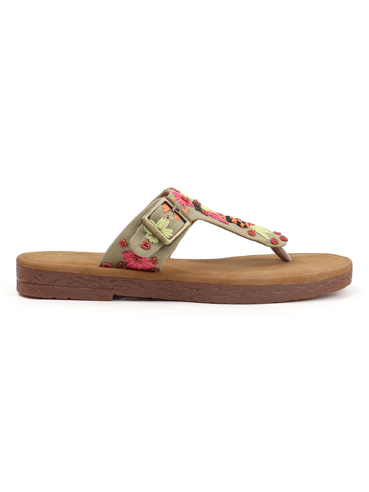 Floral Trail Buckled Toe-Ring Flats in Green