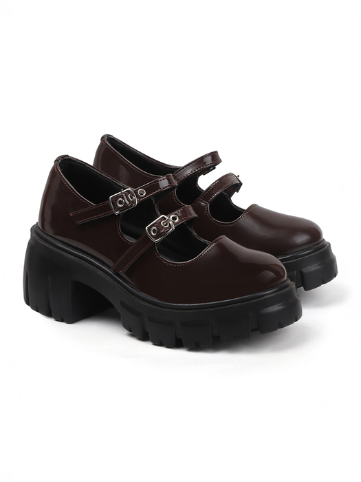 Double Buckle Chunky Mary Jane Shoes in Maroon