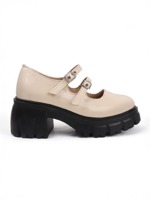 Double Buckle Chunky Mary Jane Shoes in Beige