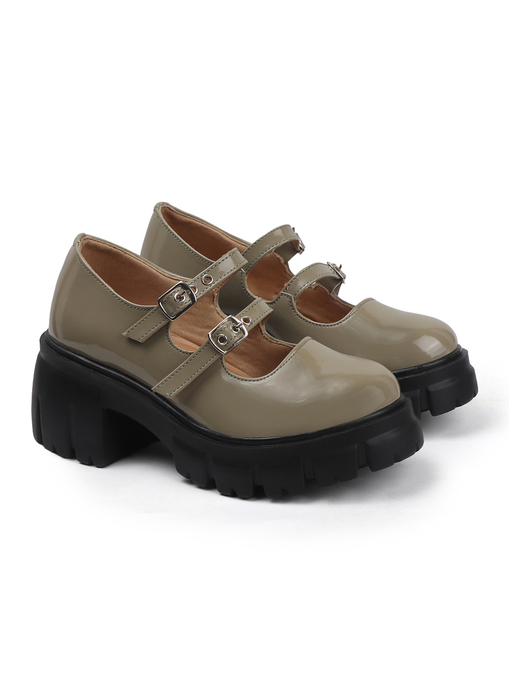 Double Buckle Chunky Mary Jane Shoes in Olive