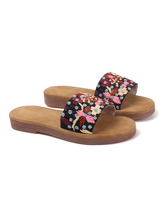 Open-Toe Comfort Slides With Colorful Threadwork Upper in Black