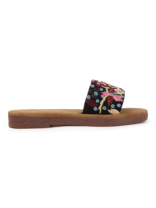 Open-Toe Comfort Slides With Colorful Threadwork Upper in Black