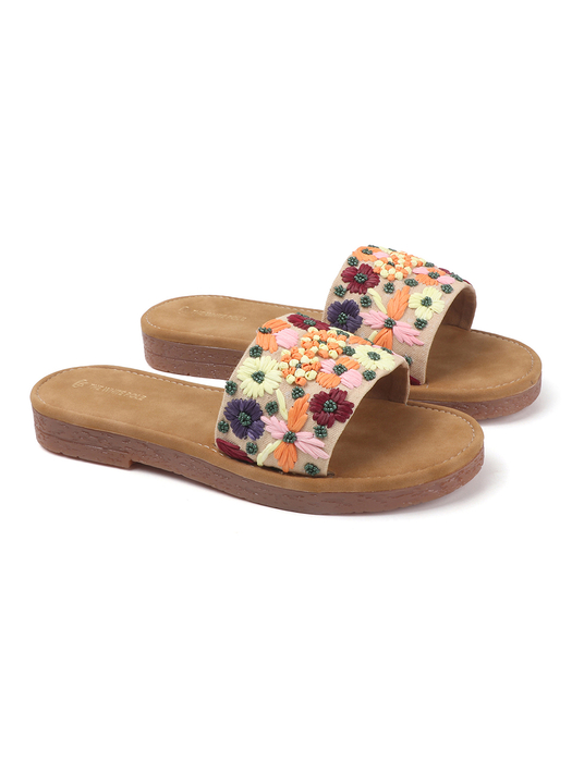Open-Toe Comfort Slides With Colorful Threadwork Upper in Beige