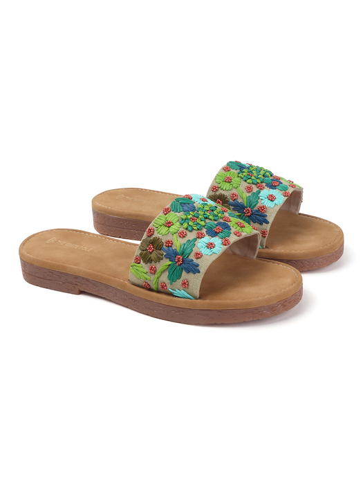 Open-Toe Comfort Slides With Colorful Threadwork Upper in Light Brown