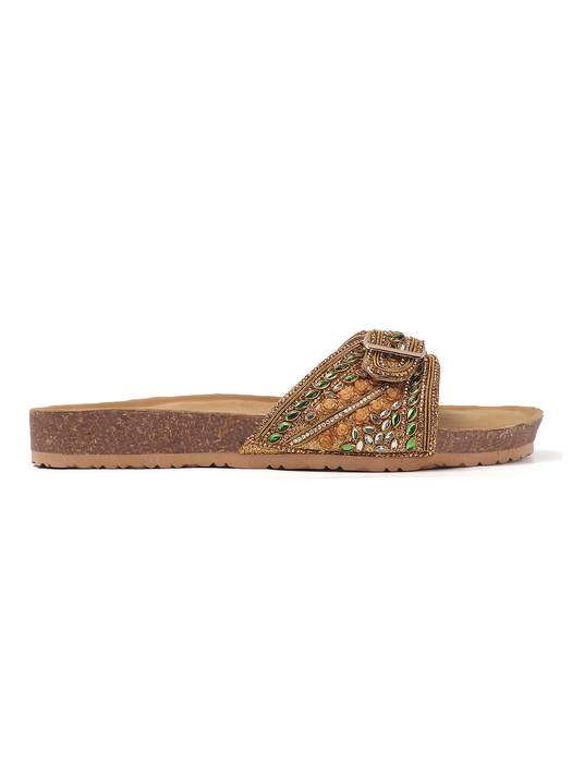 Open-Toe Ethnic Flats with Bead & Stone Detailing in Copper