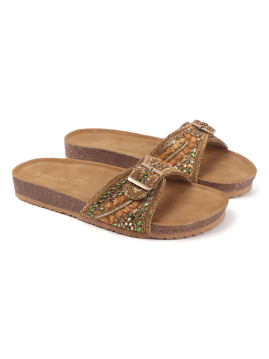 Open-Toe Ethnic Flats with Bead & Stone Detailing in Copper