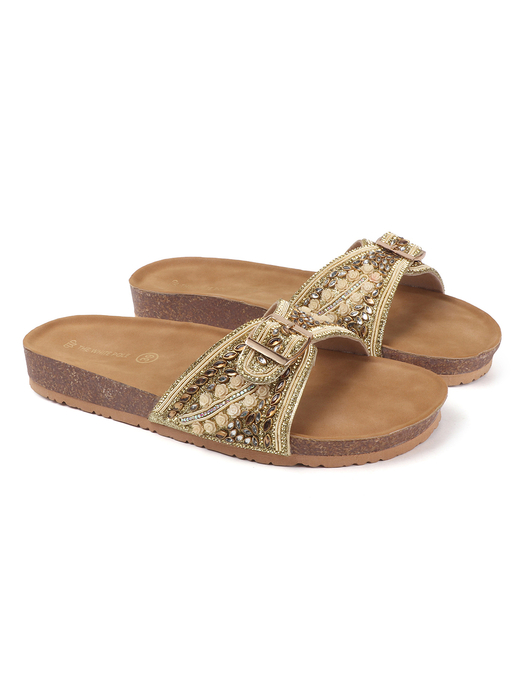Open-Toe Ethnic Flats with Bead & Stone Detailing in Gold