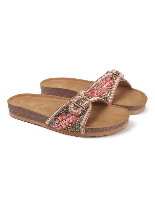 Open-Toe Ethnic Flats with Bead & Stone Detailing in Pink