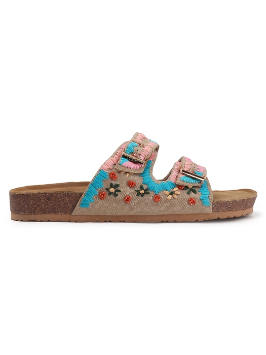 TWP Origin in Boho Bloom Embroidered Comfort Slides in Beige