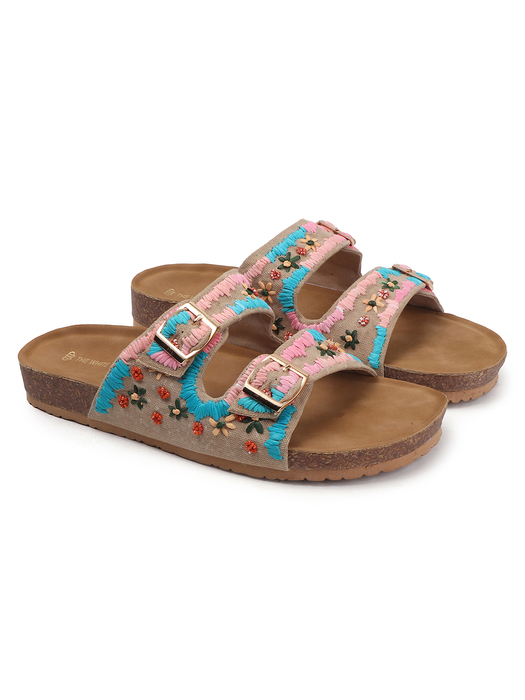 TWP Origin in Boho Bloom Embroidered Comfort Slides in Beige