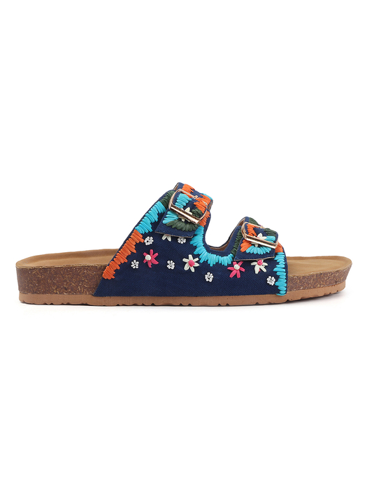 TWP Origin in Boho Bloom Embroidered Comfort Slides in Blue