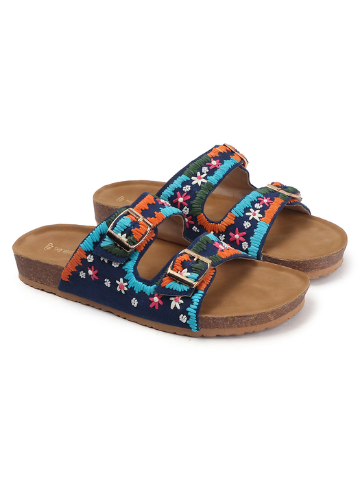 TWP Origin in Boho Bloom Embroidered Comfort Slides in Blue