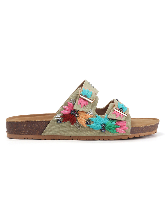 TWP Origin in Green Embroidered Double Strap Comfort Slides