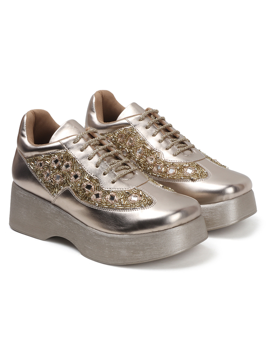 Gold Mirror Embellished Platform wedge Sneakers
