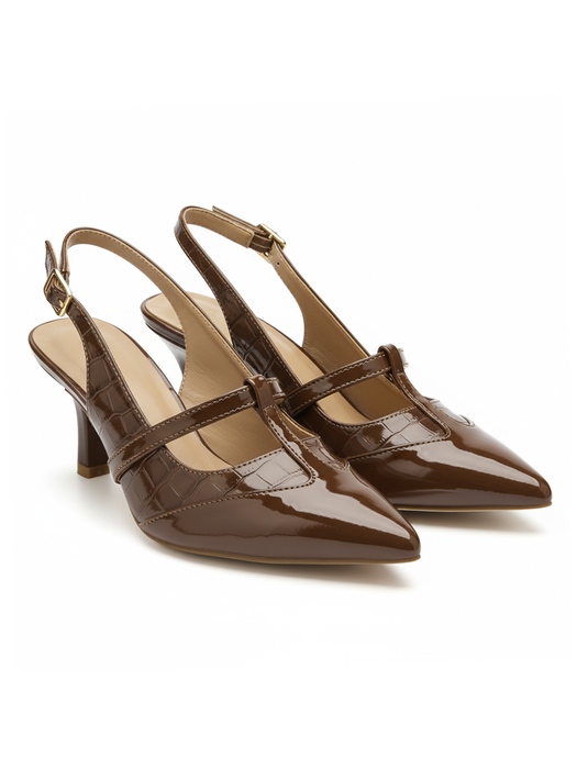 Brown Strappy Pointed Toe Slingback Heels