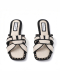 White Black two-tone canvas slides with woven straps and studded trim Flats